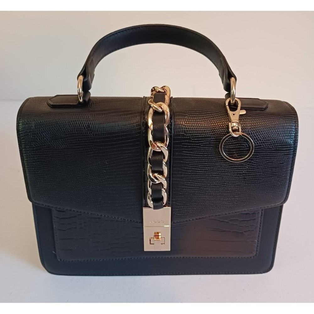 Aldo Cailla Black Satchel Handbag - Chain Accent Top Handle 060273